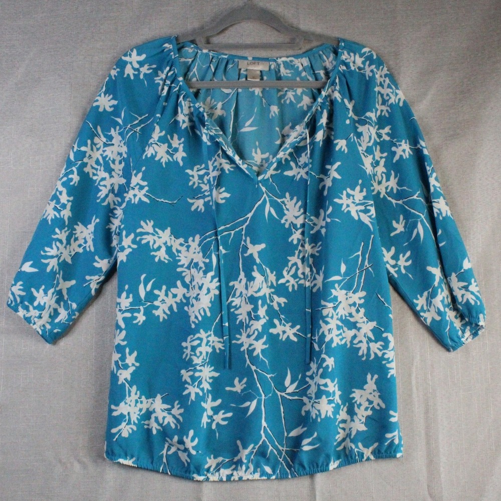 LOFT Floral Split Neck Blouse Size M Blue White Boho Coastal Grandma Top